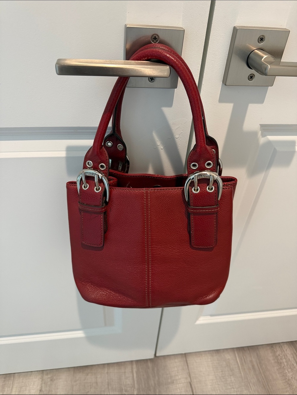 Red Leather Shoulder Bag with Buckle Detail